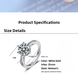 Detail showing classic six-prong solitaire ring with 10mm round zircon and side stones