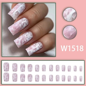 Pink and white marble texture press-on nails with long square shape, 24-piece full set