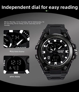 Macro detail of dual display sports watch dial showing digital and analog time functions