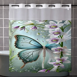 Detail showing waterproof waffle fabric shower curtain with blue butterfly and lily print