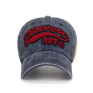 Vintage dark gray washed cotton baseball cap with red Discovery 3ET embroidery