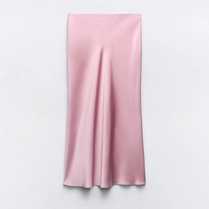 Eleganter rosa Satin-Midirock mit hoher Taille und glänzendem Finish für Damenmode