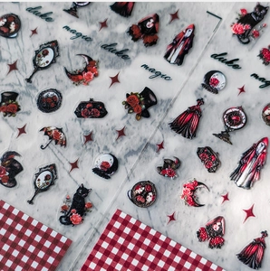 Stickers nail art gothiques avec chats vintage et roses rouges pour manucure créative