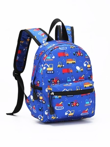Detailed view of kids 13-inch navy backpack with colorful construction vehicle prints