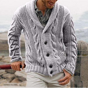 Herren Strickjacke Pullover Zopfmuster Schalkragen Geknöpft Dick Langarm Winter Lässig Schmale Passform Warme Oberbekleidung
