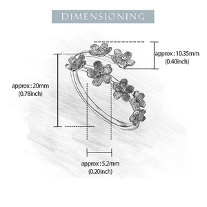 Technical drawing showing the dimensions of the S925 sterling silver forget-me-not ring