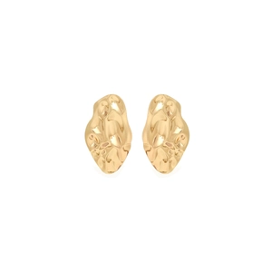 Detail showing irregular hammered texture on gold flower heart earrings for women
