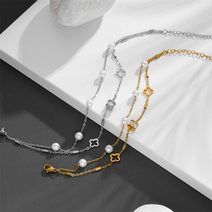 Double-layered titanium steel anklets with pearls and hollow clover charms in gold and silver