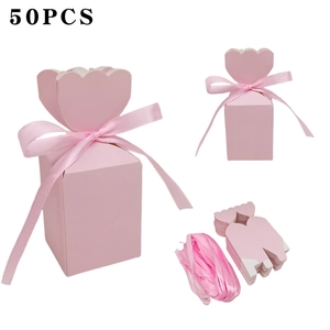 Detailed view of 50pcs pink tulip-shaped gift boxes with ribbons and flat-packed cardboard