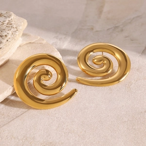 Minimalist 18k gold plated stainless steel spiral stud earrings on stone background