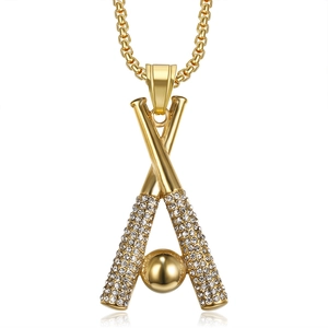 Iced out gold hip hop necklace featuring crossed baseball bats and ball pendant
