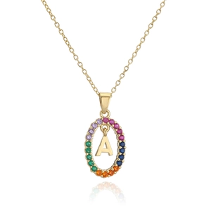 Gold plated oval pendant necklace with rainbow zircon letter A on a white background