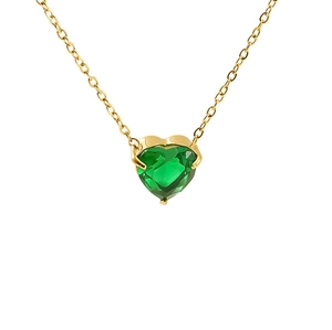 Detailed view of the heart-shaped green emerald pendant with a fine gold-plated chain