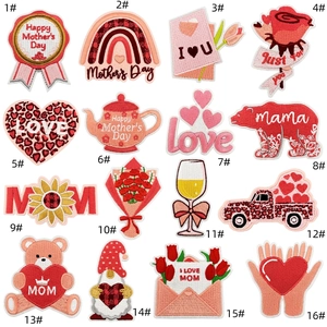 Detail of 16pcs Mother's Day embroidery patches with hearts and floral patterns