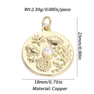 Golden Arabic letter round pendant with pearl and ocean shell relief on copper necklace