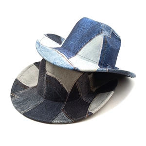 Creative patchwork denim fedora hat with blue geometric patterns and stitch details