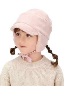 Cappello invernale in velluto a coste rosa con fodera in pile e sottogola per bambini