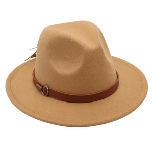 Close-up of khaki wide brim felt fedora hat with brown leather band and metal ring buckle