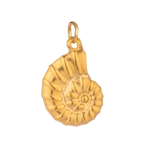 Macro shot of gold plated sea conch shell charm pendant with detailed metal texture