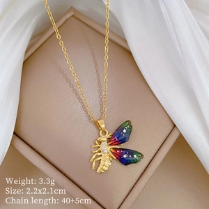 Detail view of a colorful bee pendant with cubic zirconia and chain length dimensions