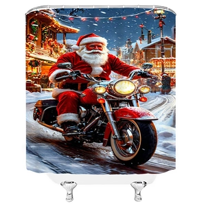 Christmas shower curtain featuring Santa Claus riding a vintage red motorcycle in snow