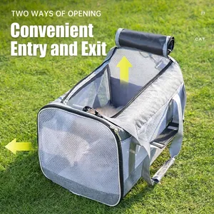 Gray large capacity portable cat carrier with breathable mesh on outdoor green lawn