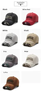 Detail view of seven vintage washed denim caps with NEW YORK embroidery and distressed brims