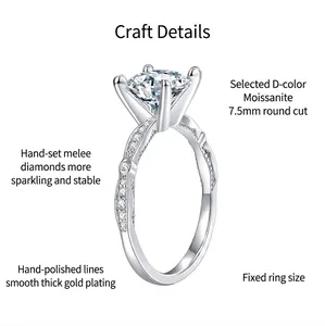 Detail of 7.5mm round moissanite ring with twisted pave band in S925 silver