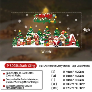 Detailed view of Merry Christmas window clings with Santa Claus, reindeer, and snowmen