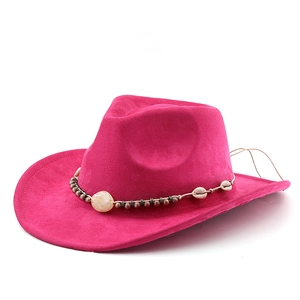 Magenta faux suede western cowboy hat with bohemian shell and bead ethnic band decoration