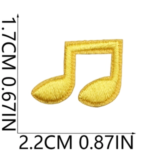 Detail of yellow musical note embroidery patch with precise dimensions 2.2CM x 1.7CM