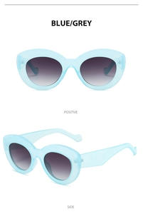 Detailed front and side views of light blue cat-eye sunglasses with grey gradient lenses