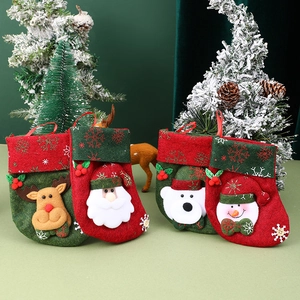 Set of four rustic Christmas stockings with 3D Santa, reindeer, bear, and snowman appliques