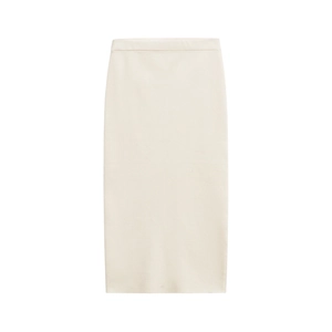 Detailed macro view of the fine ribbed texture and cream white knit fabric on pencil skirt