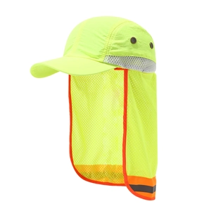High-visibility neon yellow sun hat with reflective strips and neck protection flap