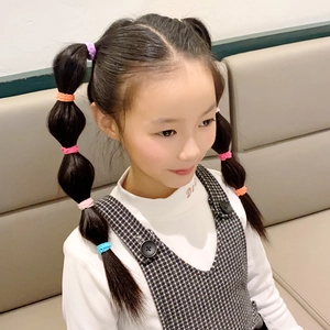 Colorful seamless elastic hair ties shown on braided ponytails for children and girls