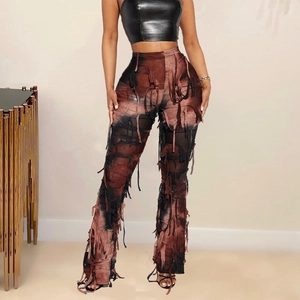 Pantaloni A Zampa Donna Frange Distressed Nappe Tie Dye Vita Alta Maglia Streetwear Stile Wasteland