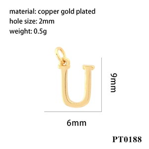 Detail view of a 9mm gold plated letter U pendant with technical dimensions and weight