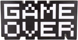 Close-up of pixel style GAME OVER LED lamp with black and white lighting effects
