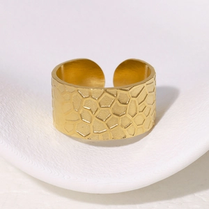 Classic 18k gold plated stainless steel wide open ring with geometric honeycomb texture