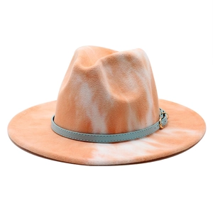 Tie-dye orange and white wide brim fedora hat with light blue adjustable faux leather band