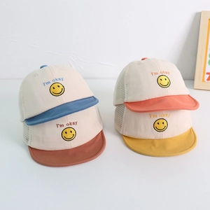 Detailed view of breathable mesh summer baby sun caps with smile face and I'm okay embroidery