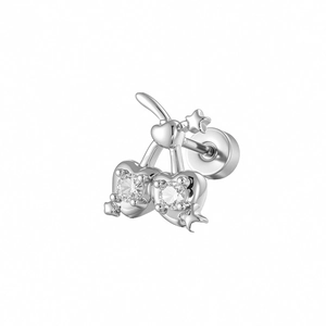 Exquisite cherry stud earring with silver heart zircons and a screw back piercing