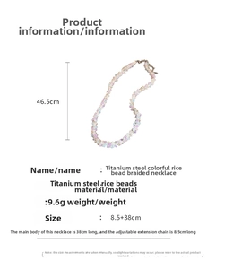 Diagramme détaillé montrant les dimensions du collier de perles colorées de 38+8.5cm