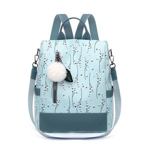 Fashion Women Backpack Oxford Cloth Floral Print Anti-Theft Waterproof Casual Travel Shoulder Bag With Fur Ball Charm