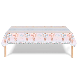 Gender reveal party tablecloth featuring teddy bears and Boy or Girl text designs