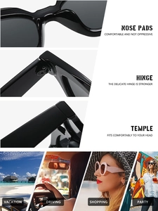 Detail of square sunglasses showing reinforced hinges and macro view of comfortable nose pads