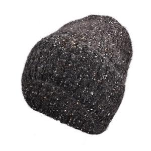 Detailed close-up of dark grey speckled knit hat with soft fleece-lined warm texture