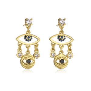 Gold-plated Evil Eye drop earrings with zircon multi-layer sunburst charms on white base