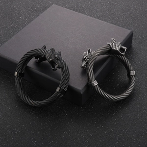 Viking wolf head steel cable bracelets in gun black and vintage silver on gift box